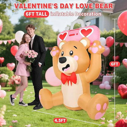 Valentine’s Day Inflatables Outdoor Decorations, 6FT Inflatable Bear Holds a Boombox with LED Lights, Valentines Blow Up Yard Decoration for Valentine Holiday Lawn Garden Indoor Outdoor Decor