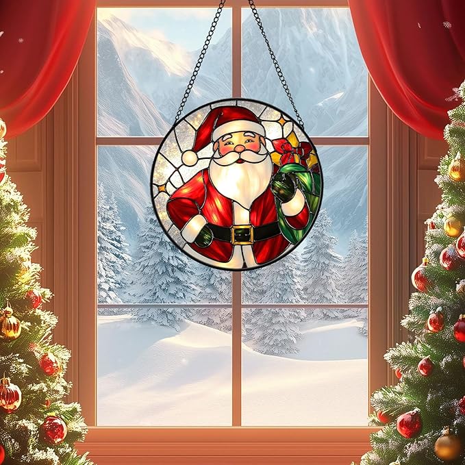 Santa Claus Stained Glass Suncather for Window Hanging, 6.3'' Christmas Ornament Gift for Women, Festive Wall Art Home Decoration Xmas Gift for Mom, Grandma (Red Santa, 6.3'')