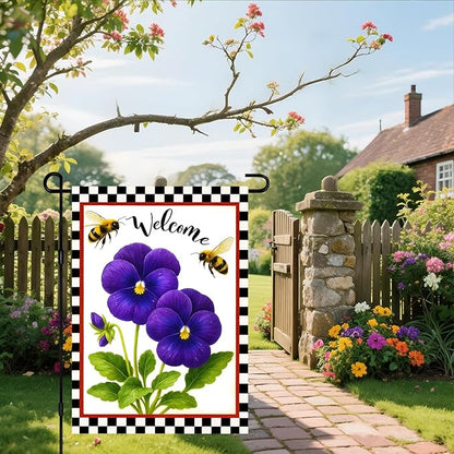 IVN Welcome Garden Flag 12x18 Inch Double Sided Spring Summer Garden Yard Flags Purple Pansy Flowers Bees Decorative Small Flags for Outdoor Seasonal Front Door Lawn Porch Patio Decor Yard Flag