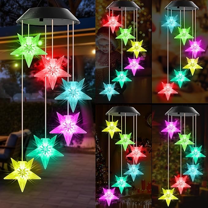Blue Star Solar Wind Chime Outdoor Color Changing Crystal Star Solar Light Gifts for Women Waterproof LED Wind Chime Garden Decor Solar Powered Windchimes Unique Chiristmas Gifts