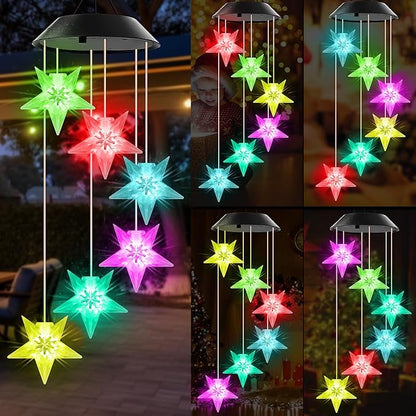 Blue Star Solar Wind Chime Outdoor Color Changing Crystal Star Solar Light Gifts for Women Waterproof LED Wind Chime Garden Decor Solar Powered Windchimes Unique Chiristmas Gifts