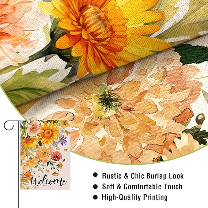 Artofy Welcome Spring Summer Flower Small Decorative Garden Flag, Watercolor Sunflower Daisy Floral Yard Lawn Outside Decor, Seasonal Burlap Outdoor Home Decoration Double Sided 12 x 18