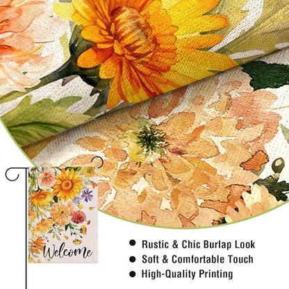 Artofy Welcome Spring Summer Flower Small Decorative Garden Flag, Watercolor Sunflower Daisy Floral Yard Lawn Outside Decor, Seasonal Burlap Outdoor Home Decoration Double Sided 12 x 18