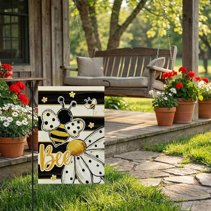 CROWNED BEAUTY Spring Summer Garden Flag Daisy Bee 12x18 Inch Double Sided Small Floral Seasonal Holiday Decoration for Outdoor Lawn Yard