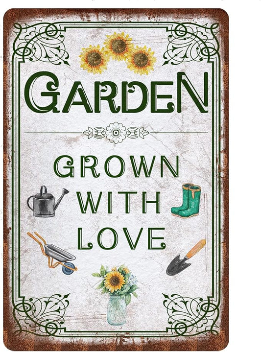 Vintage Garden Tin Signs - Retro Backyard Wall Decor Garden Tools Metel Signs Gift For Gardening Lovers - grown with love