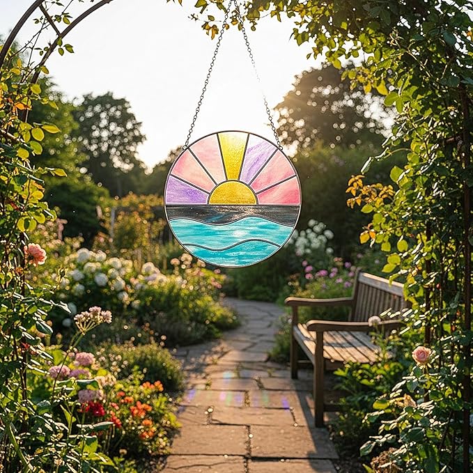 Colingmill Sun Plant Suncatcher Cute Stained Glass Greenhouse Suncatcher Ornament Light Catcher for Christmas Tree Rustic Xmas Garden Window Family Art Wall Decor