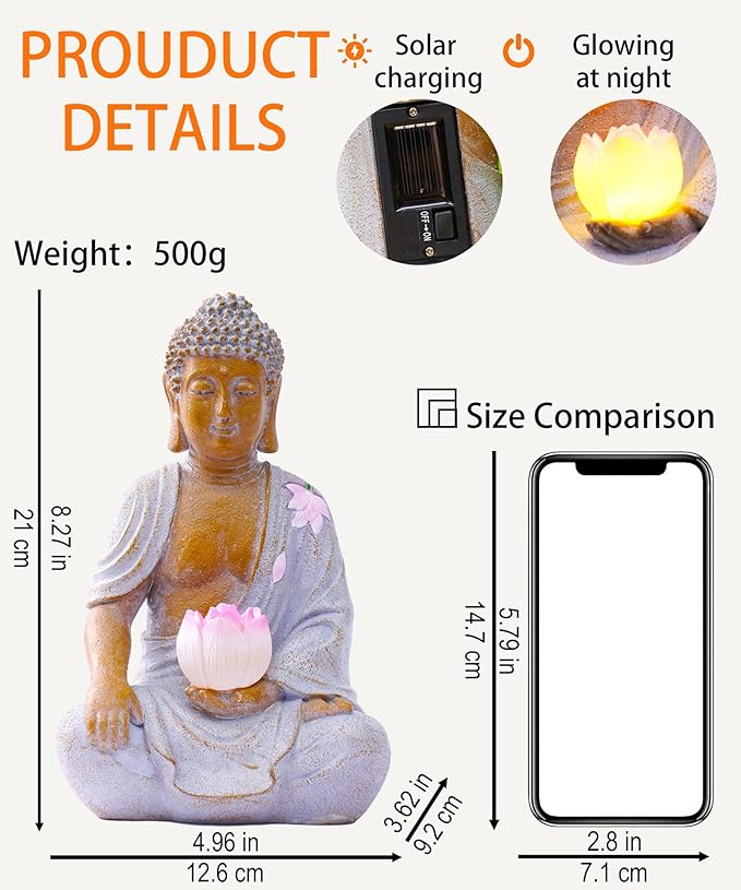 Nacome Solar Buddha Garden Statue Decor: Resin Zen Decor Waterproof Sitting Figurine with Lotus Flower Light Design for Outside Patio Lawn Yard Balcony - 8.3 inches(White)