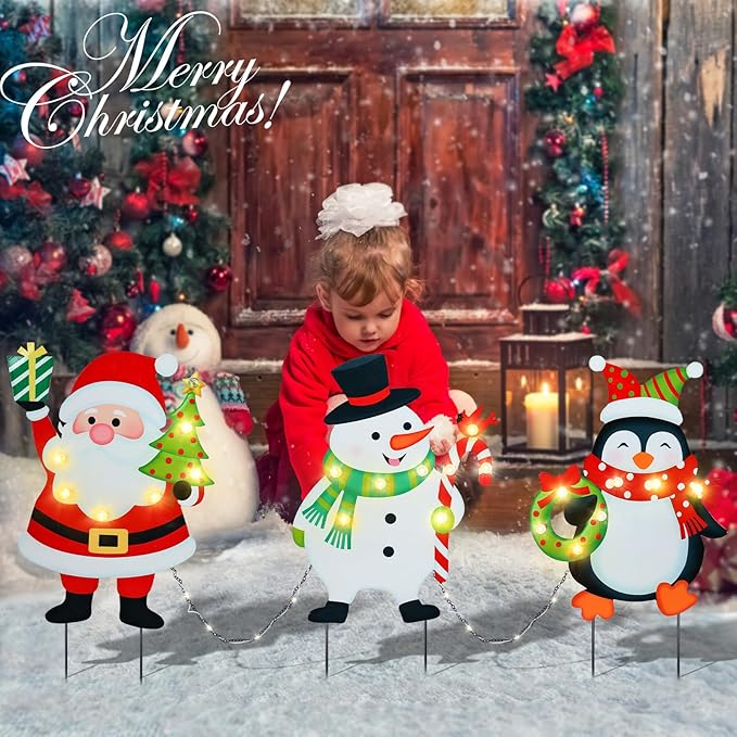 WONDER GARDEN Christmas Yard Stakes, 3 PCS LED Light Xmas Yard Signs with Santa Claus, Snowman, Penguin Christmas Yard Decorations for Lawn Party Decorations