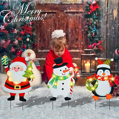 WONDER GARDEN Christmas Yard Stakes, 3 PCS LED Light Xmas Yard Signs with Santa Claus, Snowman, Penguin Christmas Yard Decorations for Lawn Party Decorations