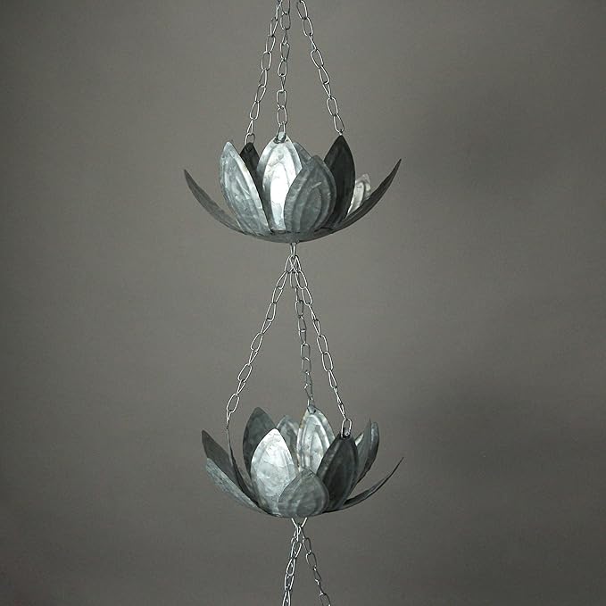 Zeckos Galvanized Grey Metal Lotus Flower Rain Chain Gutter Downspout Accent, 70 Inches Long - Installs Easily - Adding Charm and Style to Your Outdoor Space