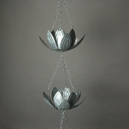 Zeckos Galvanized Grey Metal Lotus Flower Rain Chain Gutter Downspout Accent, 70 Inches Long - Installs Easily - Adding Charm and Style to Your Outdoor Space