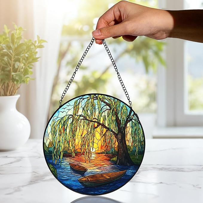 Weeping Sunset Lake Stained Glass Window Hanging, Gifts for Nature Lovers, Weeping Willow Tree Stained Glass Suncatcher Decor Birthday for Mom Men Woman Friend, 7.9x7.9inch