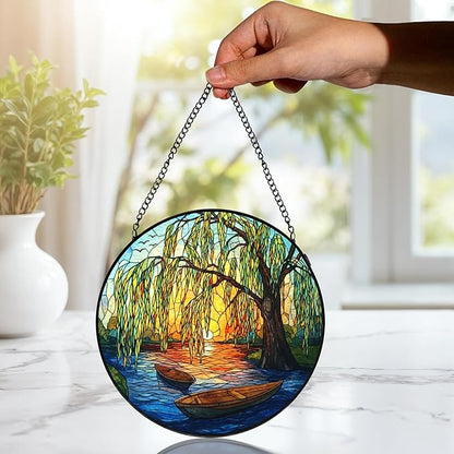 Weeping Sunset Lake Stained Glass Window Hanging, Gifts for Nature Lovers, Weeping Willow Tree Stained Glass Suncatcher Decor Birthday for Mom Men Woman Friend, 7.9x7.9inch