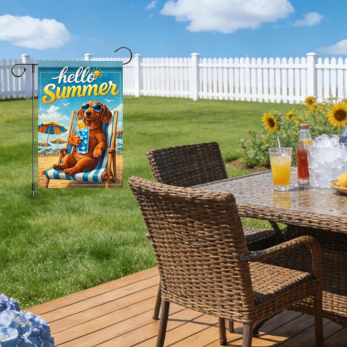 Nuxovilar Summer Garden Flag Hello Summer Dog Sunglasses Beach Chair Pattern Polyester 12x18 Inches Garden Flags for Outside Fun Decor Yard Porch Lawn