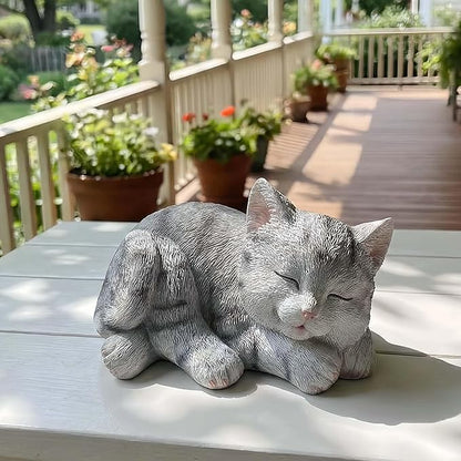 Sleeping Grey Tabby Garden Statue - Resin Realistic Mini Cat Sculpture, Pet Loss Memorial Stone, for Cat Lovers, Indoor/Outdoor Decor, Animal Figurine for Yard Ornaments
