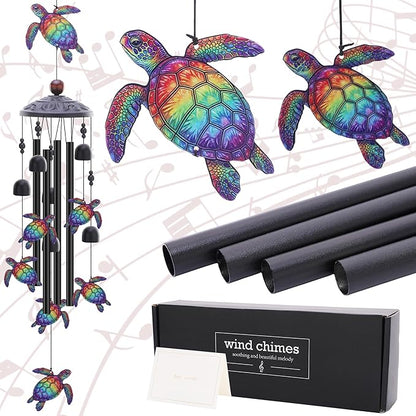 Sea Turtle Gifts Windchime - Metal Wind Chimes for Outside with Greeting Card Indoor Outdoor Patio Garden Yard Backyard Balcony Porch Hanging Decor Birthday Gift for Women Men Mom Grandma