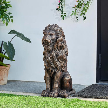 Glitzhome Guardian Sitting Lion Statue Regal Indoor and Outdoor Garden Sculpture for Home Entrance Porch and Yard, 27.75" H, Bronze