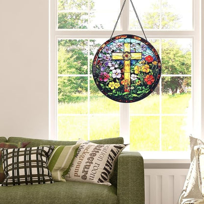 Cross & Wildflowers Stained Glass Window Hanging Suncatcher with Chain - 7.9" Outdoor/Indoor Art Decor for Home Garden, Thanksgiving, Wedding,Mother's, Valentine's & Christmas Ornaments Present