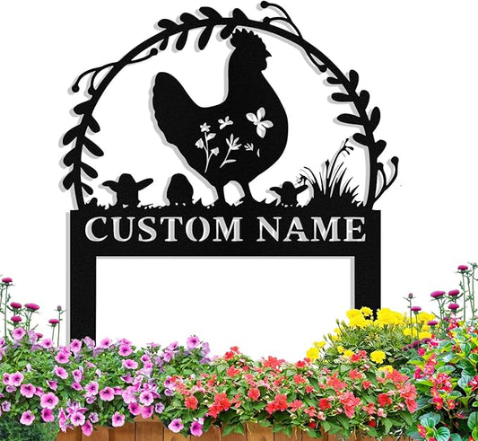 Personalized Metal Chicken Garden Signs with Stake, Custom Garden Signs for Outside Waterproof, Customized Name Sign Yard Lawn Gardens Decor Gardening Gifts for Moms Grandmas Gardeners