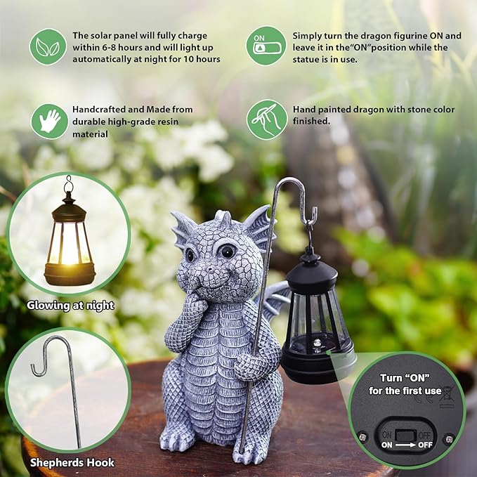 Qeeman Solar Dragon Garden Decor Statues: Patio Porch Balcony Yard Art Lawn Ornaments Outdoor Outside Decorations - Birthday Gifts for Mom Grandma Women