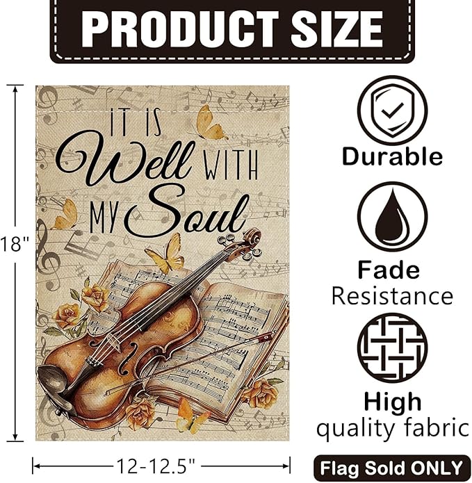 Dyrenson Inspirational It is Well with My Soul Decorative Garden Flag, Vintage Musical Yard Outside Home Decoration Music Lover Gift, Retro Violin Music Sheet Outdoor Small Decor Double Sided 12 x 18