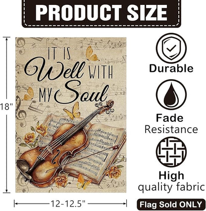 Dyrenson Inspirational It is Well with My Soul Decorative Garden Flag, Vintage Musical Yard Outside Home Decoration Music Lover Gift, Retro Violin Music Sheet Outdoor Small Decor Double Sided 12 x 18