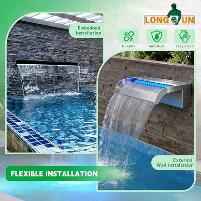 with lid Waterfall Pool Fountain, LONGRUN Stainless Steel Waterfall Spillway for Pools and Ponds - 35.4" Wide Decorative Water Feature for Swimming Pools, Koi Ponds and Garden