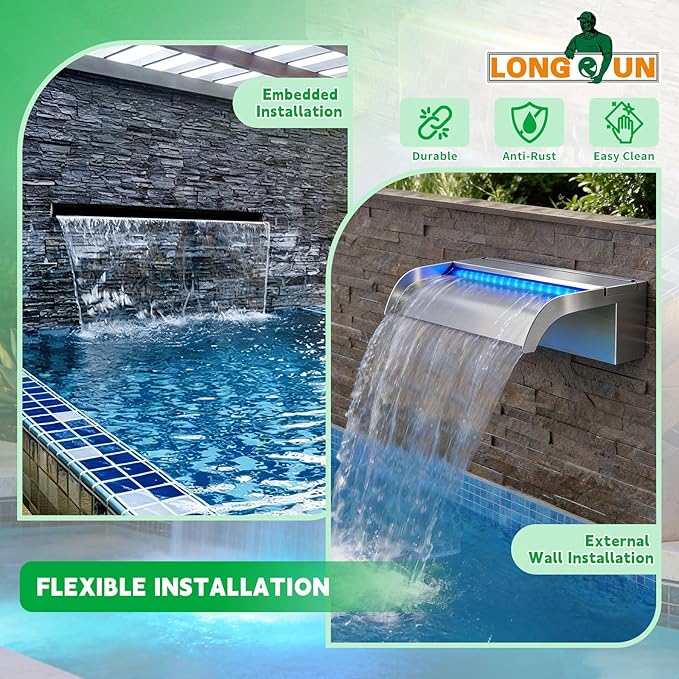 with lid Waterfall Pool Fountain, LONGRUN Stainless Steel Waterfall Spillway for Pools and Ponds - 23.6" Wide Decorative Water Feature for Swimming Pools, Koi Ponds and Garden