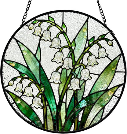 Lily of The Valley Flower Stained Glass Window Hanging, Spring Floral Botanical Suncatcher Indoor Window Glass Round Wall Art Decor, 7.9x7.9 Inch