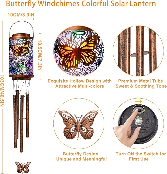 Butterfly Solar Wind Chimes for Outside, Garden Gifts for Mom, Solar Lanterns Outdoor Decor Lights for Balcony, Patio, Yard,Birthday Gifts for Women Grandma Dad (1Pack)