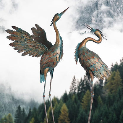 Crane Statues for Garden Decor, Metal Crane Yard Art Statues, Standing Heron Garden Sculptures & Statues for Outdoor Decorations, 38-42 Inch Set of 2, Copper