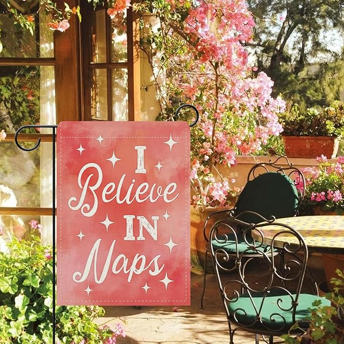 Dyrenson I Believe in Naps Pink Decorative Garden Flag, Watercolor Relaxation Yard Outside Home Decoration Nap Lover Gift, Funny Burlap Outdoor Small Decor Double Sided 12 x 18