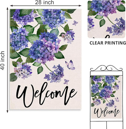 Welcome Spring Hydrangea Decorative House Flag, Purple Floral Flowers Butterfly Garden Yard Outside Decorations, Summer Farmhouse Outdoor Large Home Decor Double Sided 28 x 40