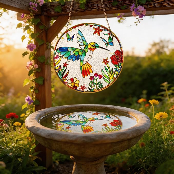 LITIVY Stained Glass Suncatcher Spring Flowers & Hummingbird, 8 Inch Handmade Multi-Color Window Hanging Decor for Garden, Sun Catcher Home Decor for Women