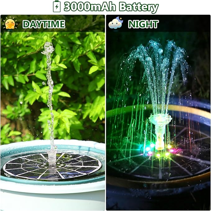 AISITIN 5.5W Solar Fountain Bird Bath with LED Colorful Lights & 3000mAh Battery, Remote Control Solar Pump for Fountain with 8 Nozzles, Solar Water Pump for Garden, Pond and Outdoor