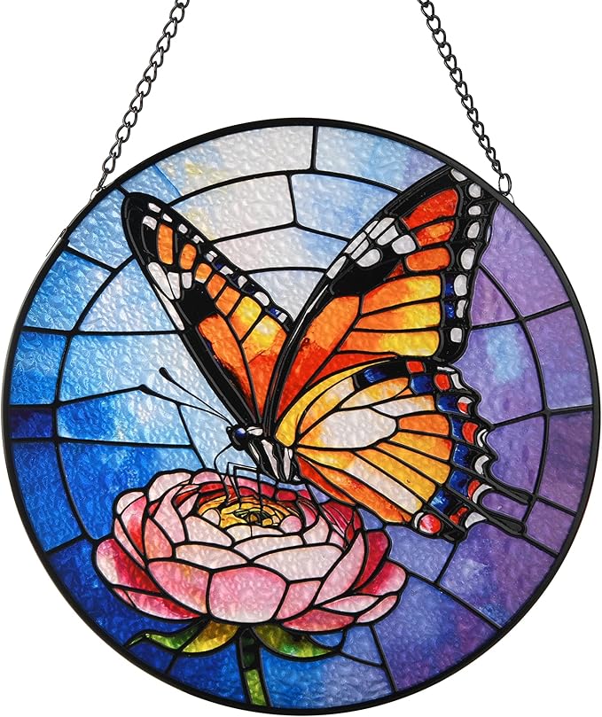 Stained Glass Window Hanging, Emperor Butterfly Circular Painted Glass Suncatcher with Chain & Suction Cup for Home Garden Door Decor, Birthday for Women Men Mom 7.8 in