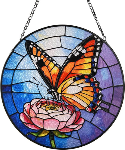 Stained Glass Window Hanging, Emperor Butterfly Circular Painted Glass Suncatcher with Chain & Suction Cup for Home Garden Door Decor, Birthday for Women Men Mom 7.8 in