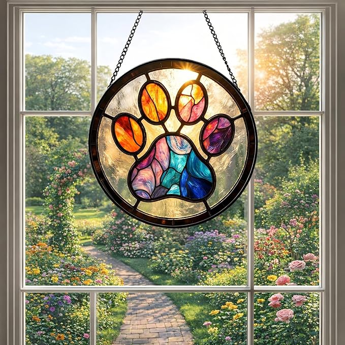 Pet Stained Glass Suncather for Window Hanging, Paw Print Ornament Gift for Pet Lover, 6.3'' Pet Memorial Wall Art Home Decor Sympathy Gift for Dog & Cat Owners (Colorful, 6.3'')