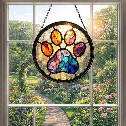 Pet Stained Glass Suncather for Window Hanging, Paw Print Ornament Gift for Pet Lover, 7.9'' Pet Memorial Wall Art Home Decor Sympathy Gift for Dog & Cat Owners (Colorful, 7.9'')