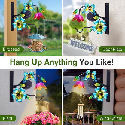 Lewondr Plant Hangers with Solar Light,9 Inch Metal Hanging Plant Bracket Outside,Butterfly Plant Wall Hook Solar Lights Outdoor for Wall,Flower Basket,Bird Feeder,Lantern,Wind Chime,2 Pack