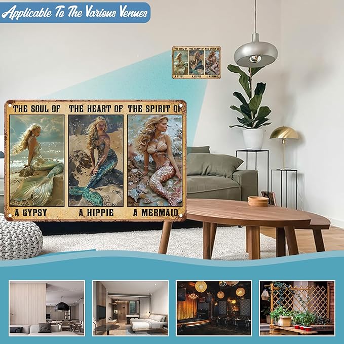 Mermaid Metal Sign The Soul of A Gypsy The Heart of A Hippie Funny Metal Tin Sign Retro Sign Kitchen Wall Poster Cafe Bar Pub Man cave 8x12 inch
