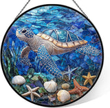 Sea Turtle Suncatcher Decor - Sea Turtles Gifts for Women - Turtles Stained Glass Window Hanging for Turtle Lovers - Blue Sea Glass Wall Art Home Decor Outdoor Garden for Women, Moms, Beach Lovers