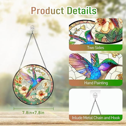7.8 Inch Stained Glass Window Hanging Hummingbird Flower Sun Catcher Indoor Window Door Wall Yard Home Decor Bird Ornament Colorful Glass Panel Suncatcher Gifts for Women Men Mom Grandma Bird Lovers