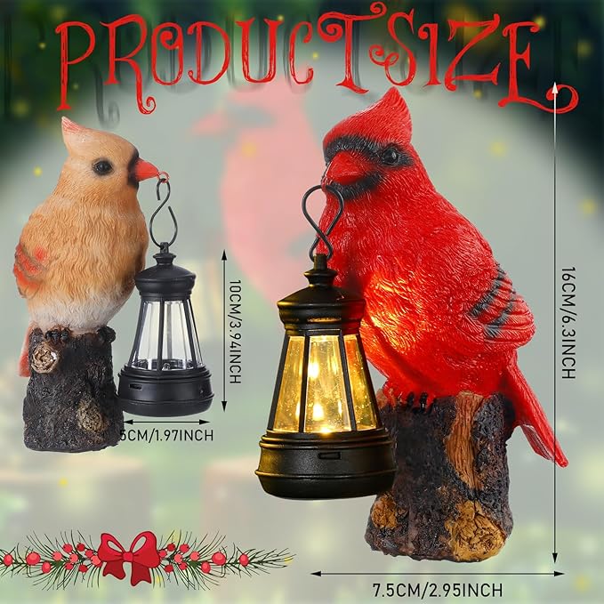 Suzile 2 Pcs Cardinal Gifts Red Cardinal Solar Light Cardinals Garden Decor Red Bird Figurine 6.3" Couple Cardinals Memorial Mothers Day Gifts Solar Light Statue for Memorial Balcony Yard Garden