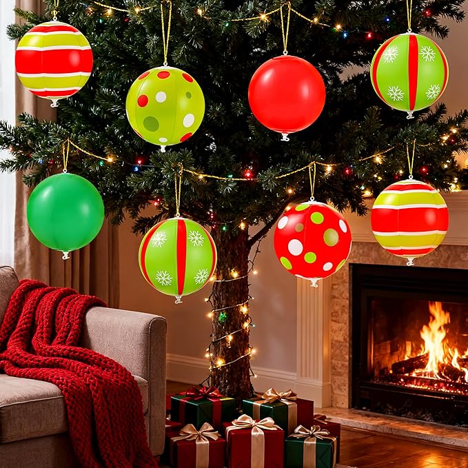 24 Pcs 7.5 Inch Christmas Inflatable Ball 6 Style Outdoor Hanging Ornament Blow Up Xmas Inflatable Ornament PVC Christmas Decoration Ball for Yard Lawn Porch Garden Front Door Holiday Decor(Red&Green)