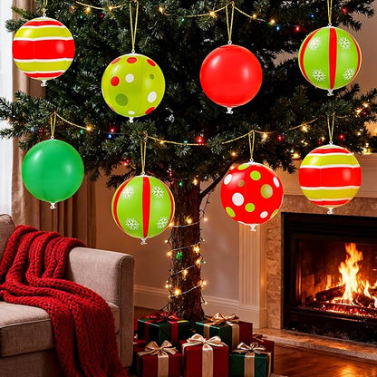 24 Pcs 7.5 Inch Christmas Inflatable Ball 6 Style Outdoor Hanging Ornament Blow Up Xmas Inflatable Ornament PVC Christmas Decoration Ball for Yard Lawn Porch Garden Front Door Holiday Decor(Red&Green)