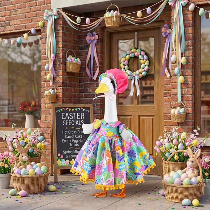 Abbylike 1 Set Easter Bunny Porch Goose Outfit Rabbit Yard Goose Costume Clothes with Carrot Fits Large 23'' H Cement for Easter Day Outdoor Patio Garden Lawn Pathway Spring Statue Decor