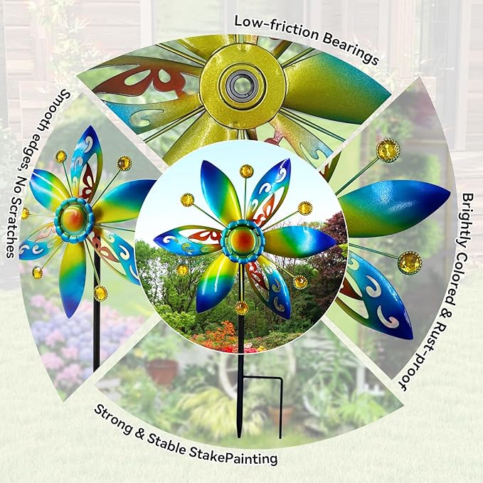 Small Wind Spinner for Outdoor, Kinetic Wind Spinner & Sculpture with Butterfly Cutout Blades & Yellow Acrylic Beads, Decorative Windmill Metal Yard Art for Patio, Lawn & Flower Bed