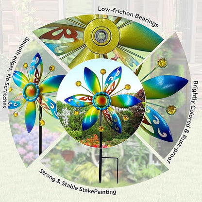 Small Wind Spinner for Outdoor, Kinetic Wind Spinner & Sculpture with Butterfly Cutout Blades & Yellow Acrylic Beads, Decorative Windmill Metal Yard Art for Patio, Lawn & Flower Bed