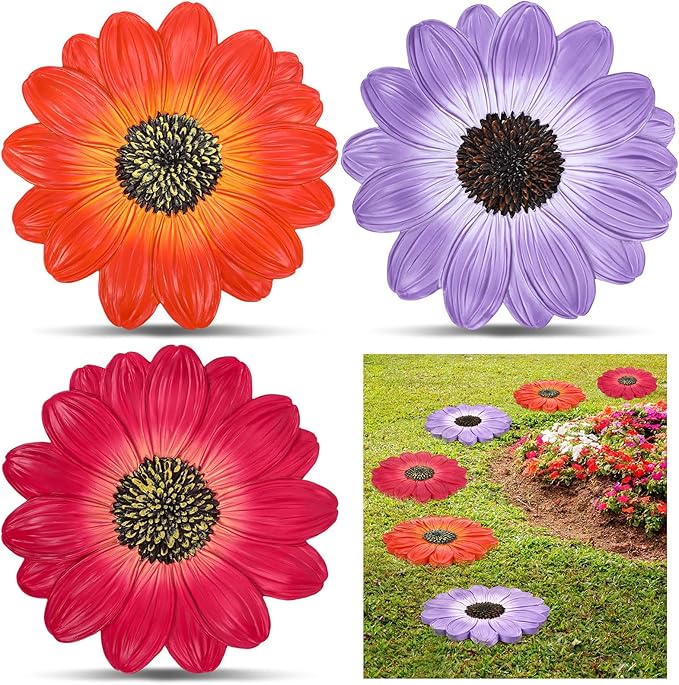 Cinnvoice 3 Pack Garden Stepping Stone Outdoor, Decorative Dimensional Resin Stepping Stones for Patio Pathway Landscaping Walkway Sculpture Yard Backyard Lawn(Daisy,10 Inches)
